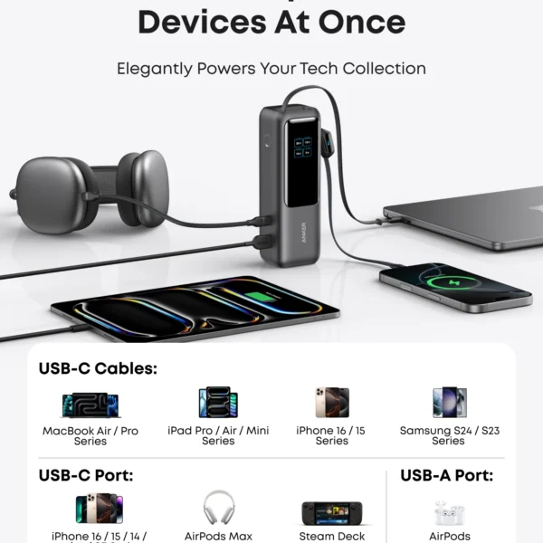 Anker Power Bank ( 25K , 165W , Built- In USB-C and Retractable Cable )