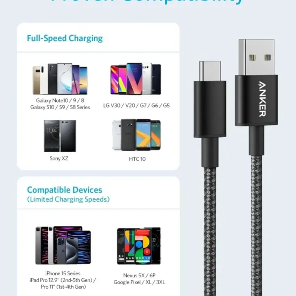 Anker Nylon USB-C to USB-A 2.0 Cable  (6FT)