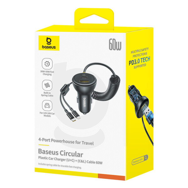 Baseus Circular Plastic Car Charger ( U+C ) + ( C&L ) Cable 60W